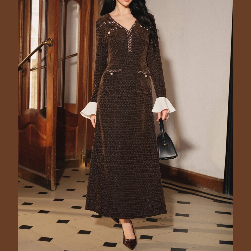 Brown Metallic Knit Pearl Button Contrast Cuff Deep V Neck Maxi Dress